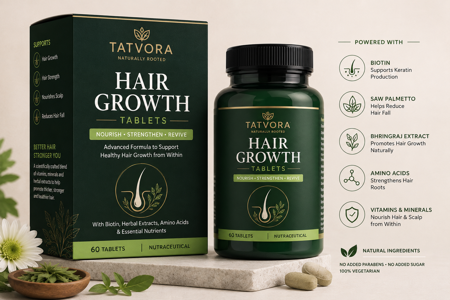 Tatvora Hair Growth Tablets | Biotin, Zinc & Herbal Blend | Supports Stronger, Thicker & Healthier Hair | 60 Tablets