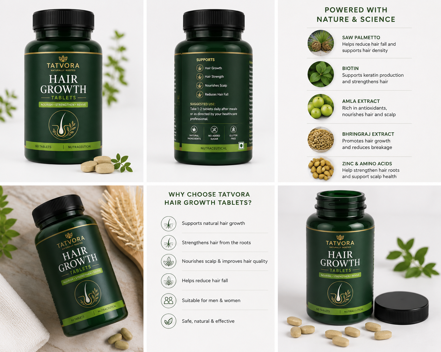 Tatvora Hair Growth Tablets | Biotin, Zinc & Herbal Blend | Supports Stronger, Thicker & Healthier Hair | 60 Tablets