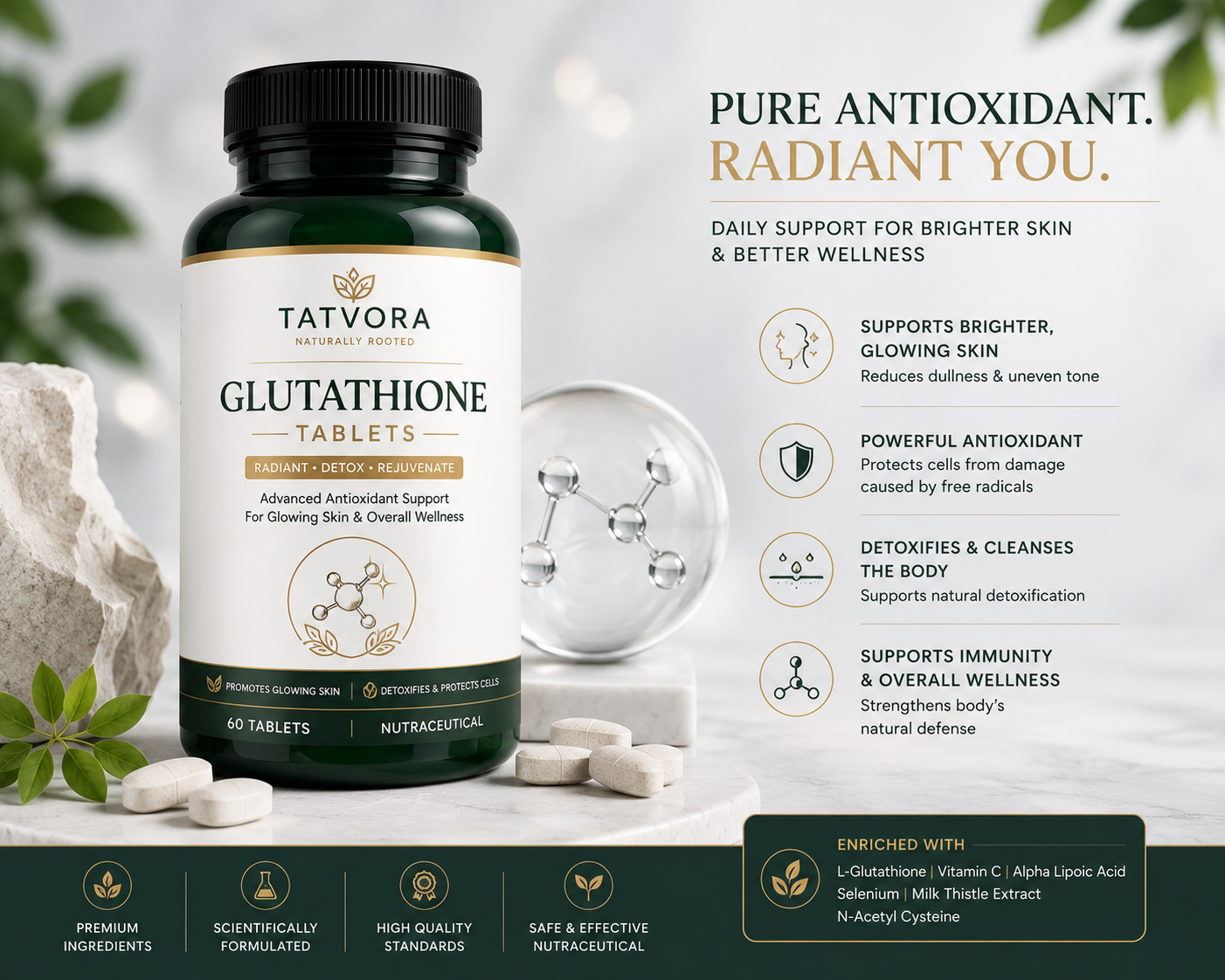 Tatvora Glutathione Tablets | L-Glutathione, Vitamin C & Alpha Lipoic Acid | Supports Skin Health & Antioxidant Protection | 60 Tablets