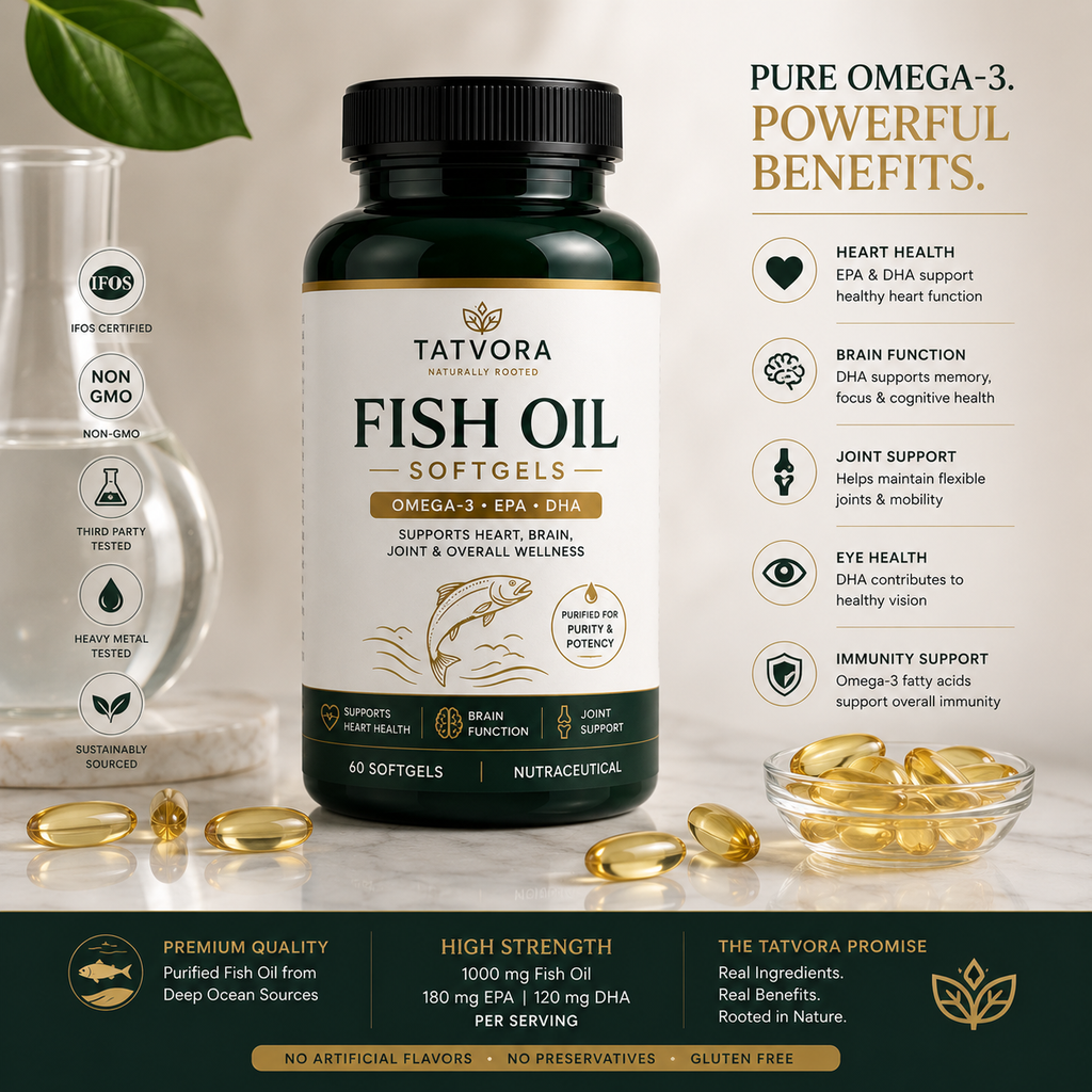 Tatvora Fish Oil Softgels | Omega-3 (EPA & DHA) | Supports Heart, Brain & Joint Health | 60 Softgels