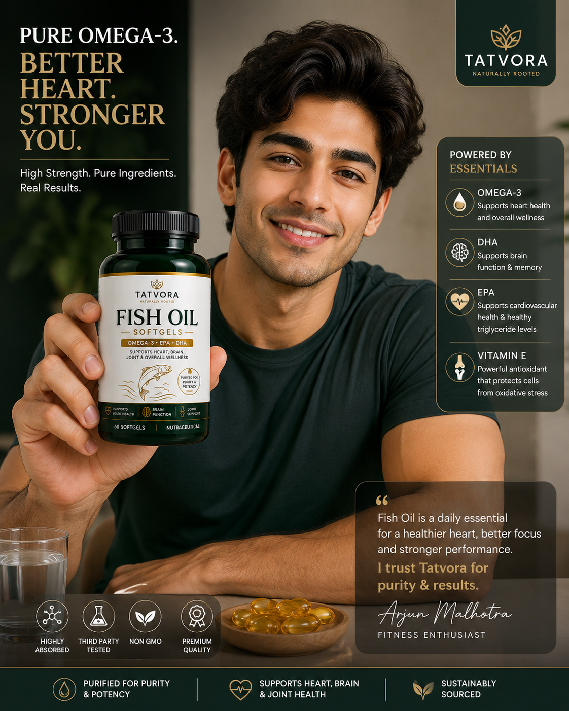 Tatvora Fish Oil Softgels | Omega-3 (EPA & DHA) | Supports Heart, Brain & Joint Health | 60 Softgels