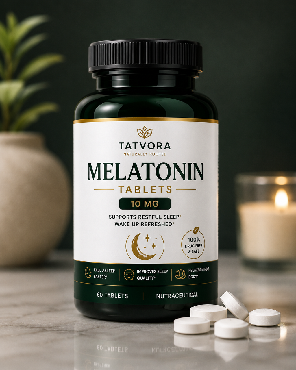 Tatvora Melatonin Tablets | 10 mg Melatonin | Supports Restful Sleep & Relaxation | 60 Tablets
