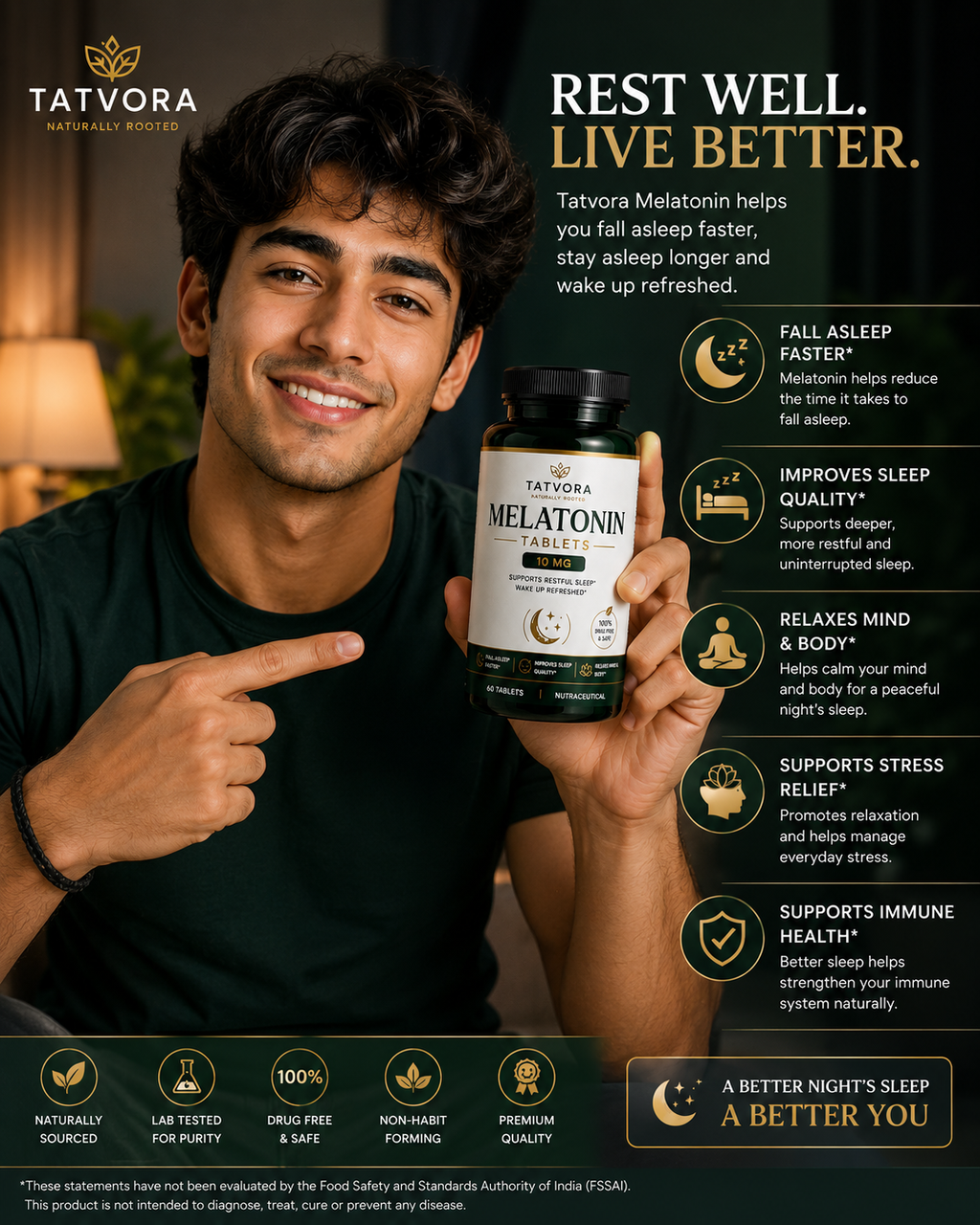 Tatvora Melatonin Tablets | 10 mg Melatonin | Supports Restful Sleep & Relaxation | 60 Tablets