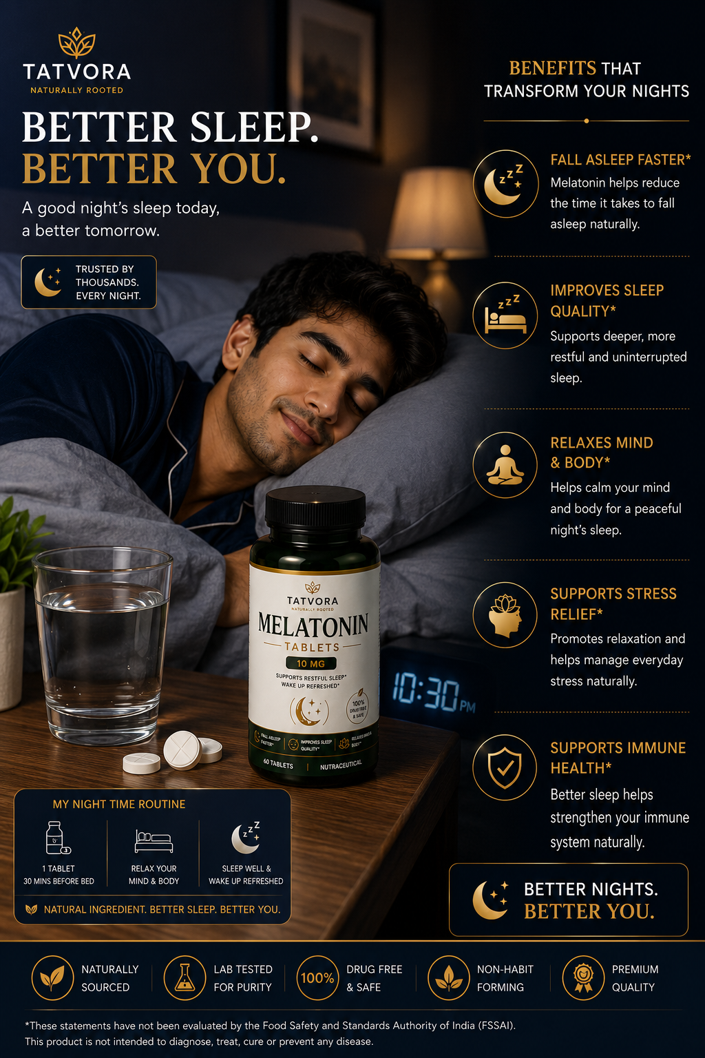 Tatvora Melatonin Tablets | 10 mg Melatonin | Supports Restful Sleep & Relaxation | 60 Tablets